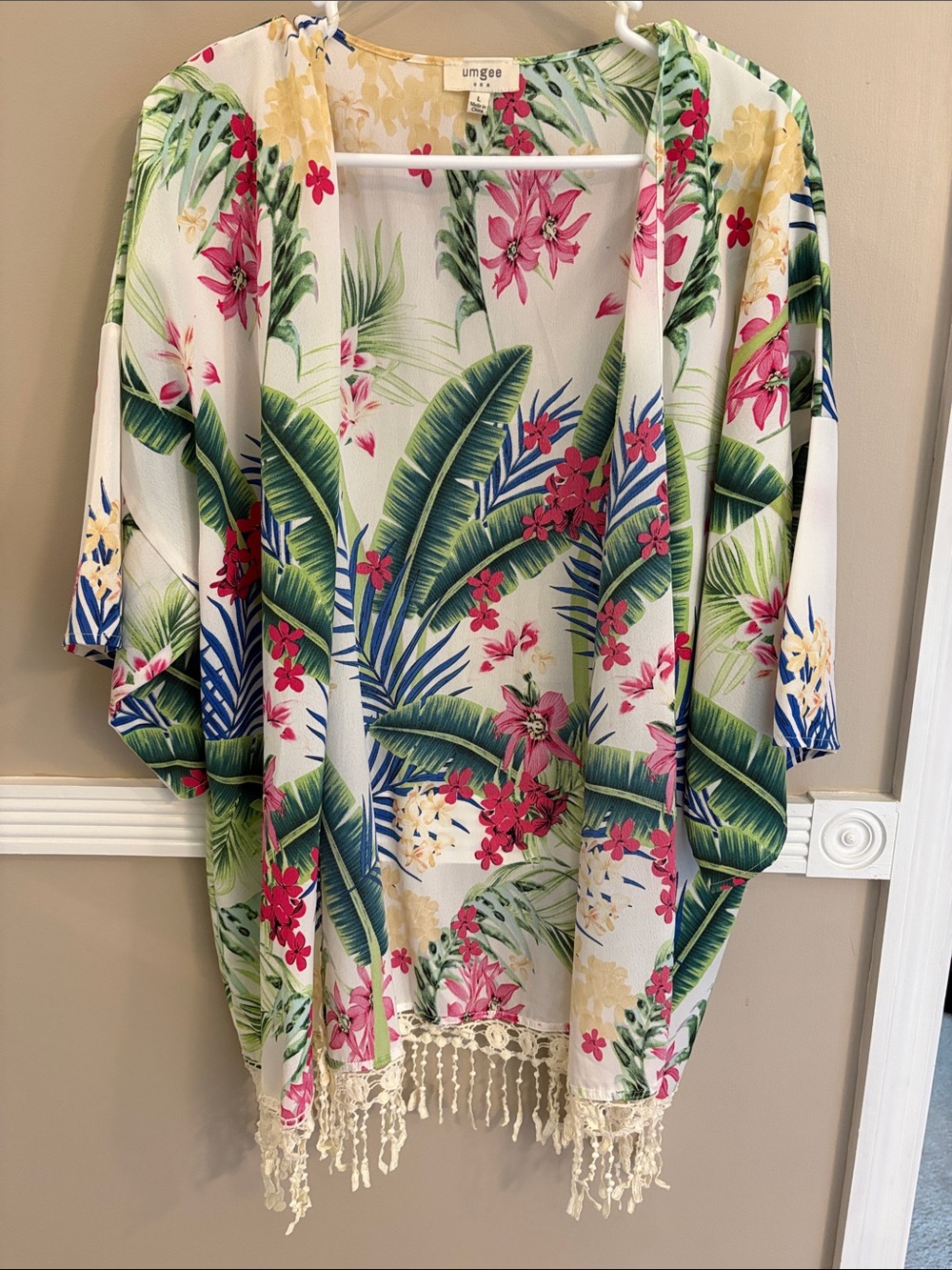 Umgee White Floral Tropical Kimono with Green Leaves & Pink Blooms